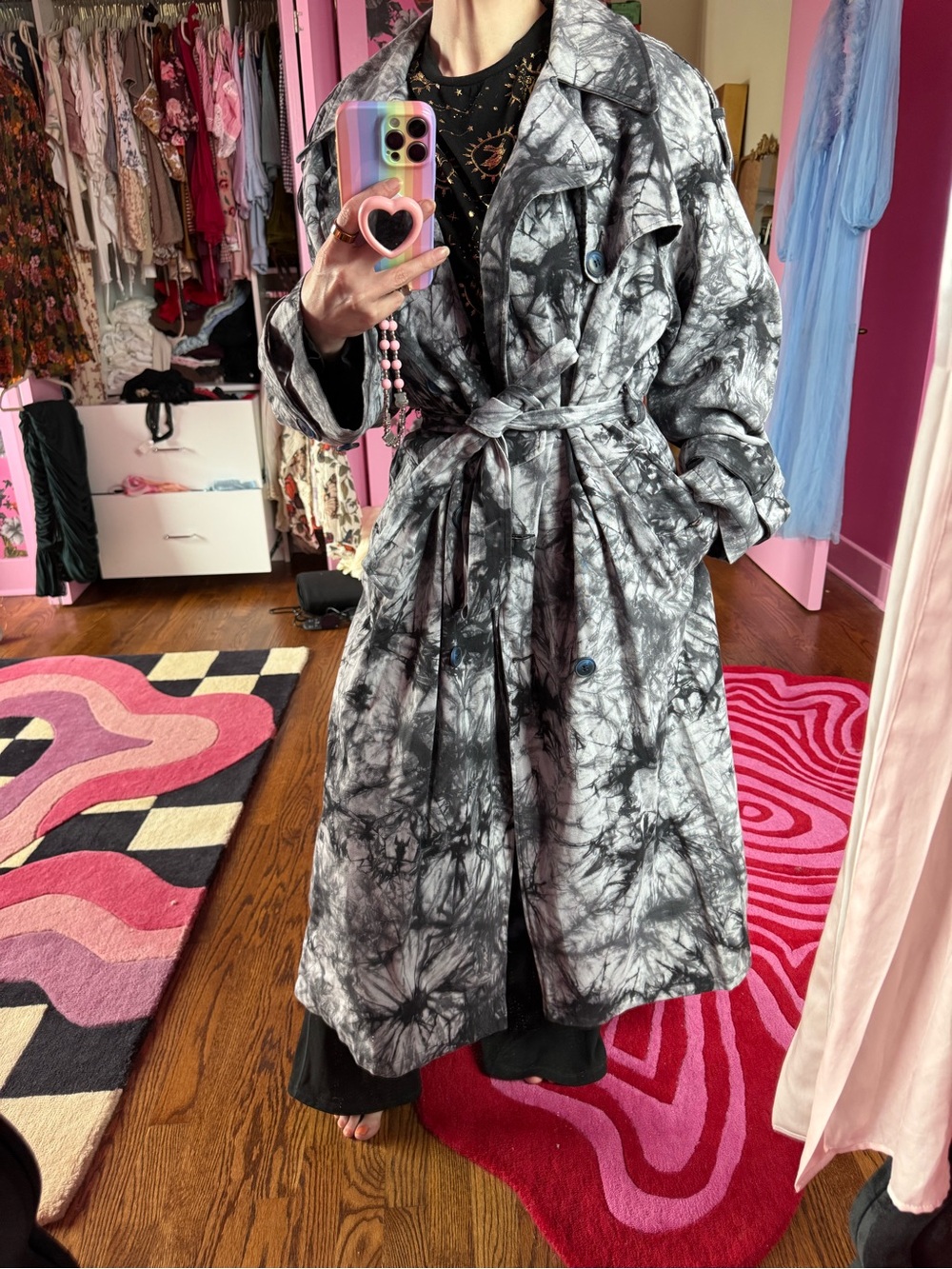 Topshop Tie Dye Trench Coat Gray Black Belted Double Breasted Size US 12